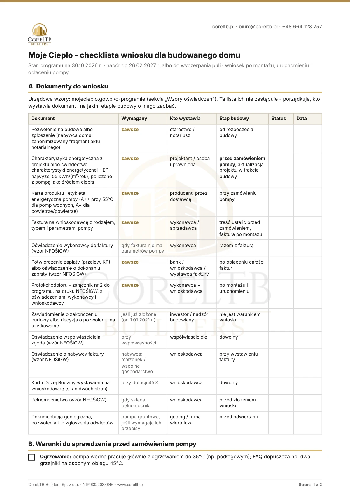 Podgląd checklisty wniosku Moje Ciepło od CoreLTB Builders: dokument, czy jest obowiązkowy, kto go wystawia, etap budowy, status i data uzyskania.