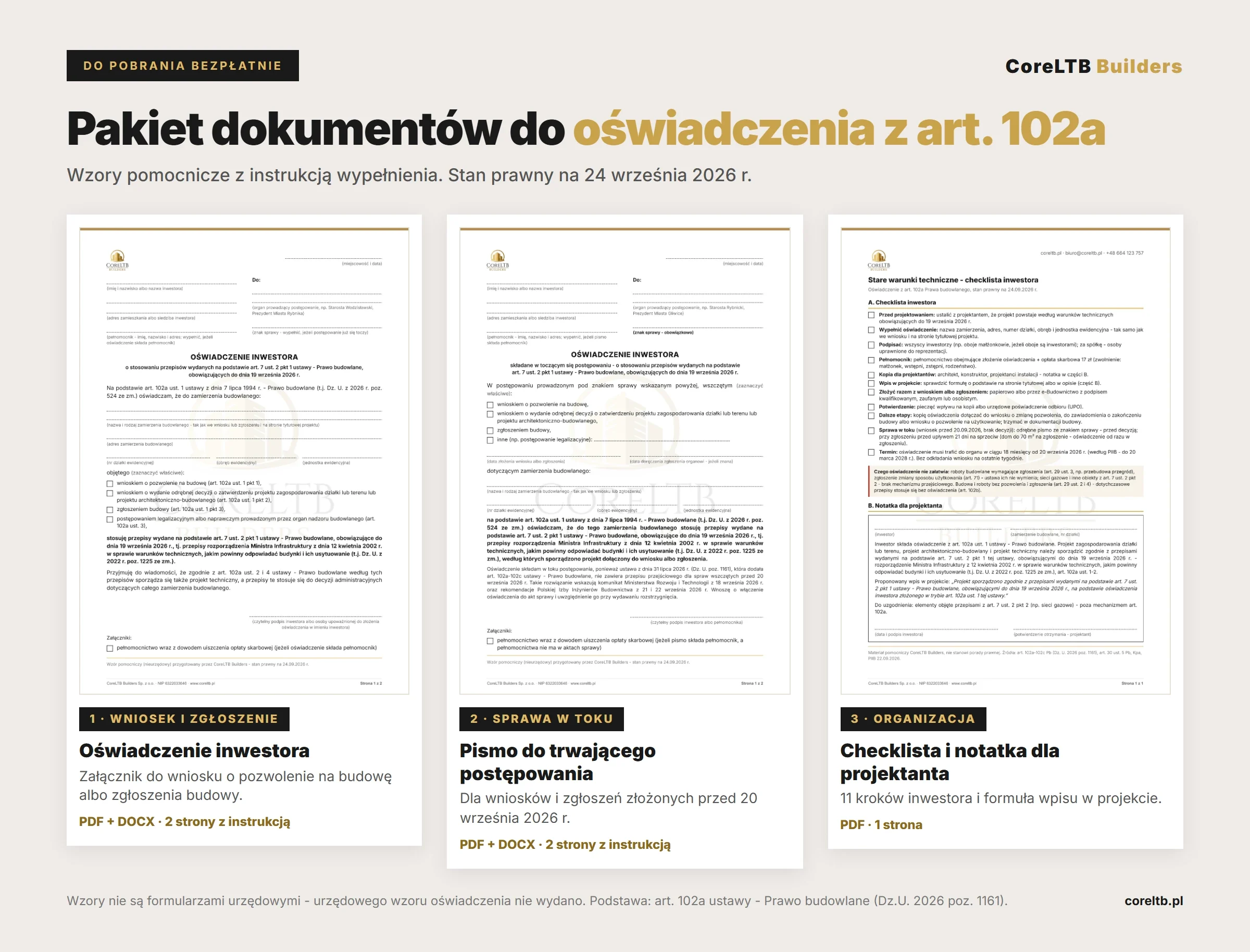Pakiet dokumentów CoreLTB do oświadczenia z art. 102a: oświadczenie inwestora (PDF i DOCX), pismo do trwającego postępowania (PDF i DOCX), checklista inwestora z notatką dla projektanta (PDF).