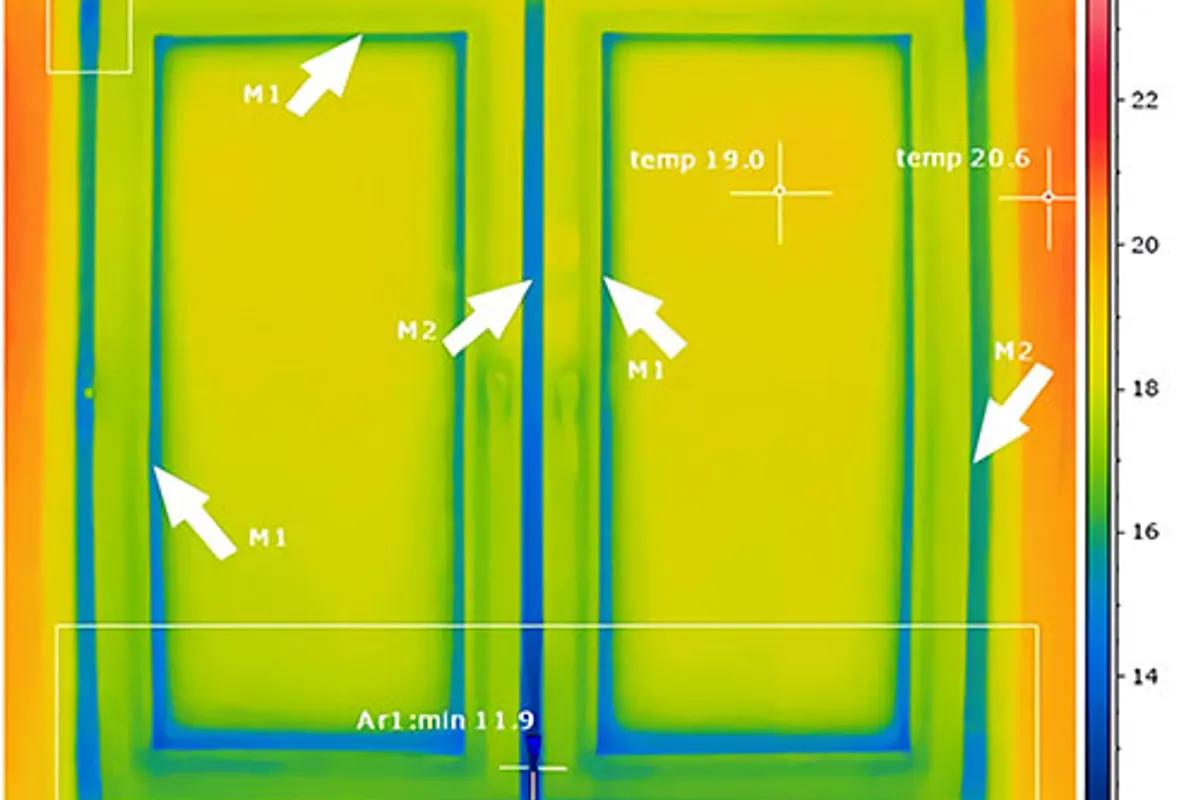 Termogram z kamery termowizyjnej — mostki cieplne przy oknie niewidoczne gołym okiem