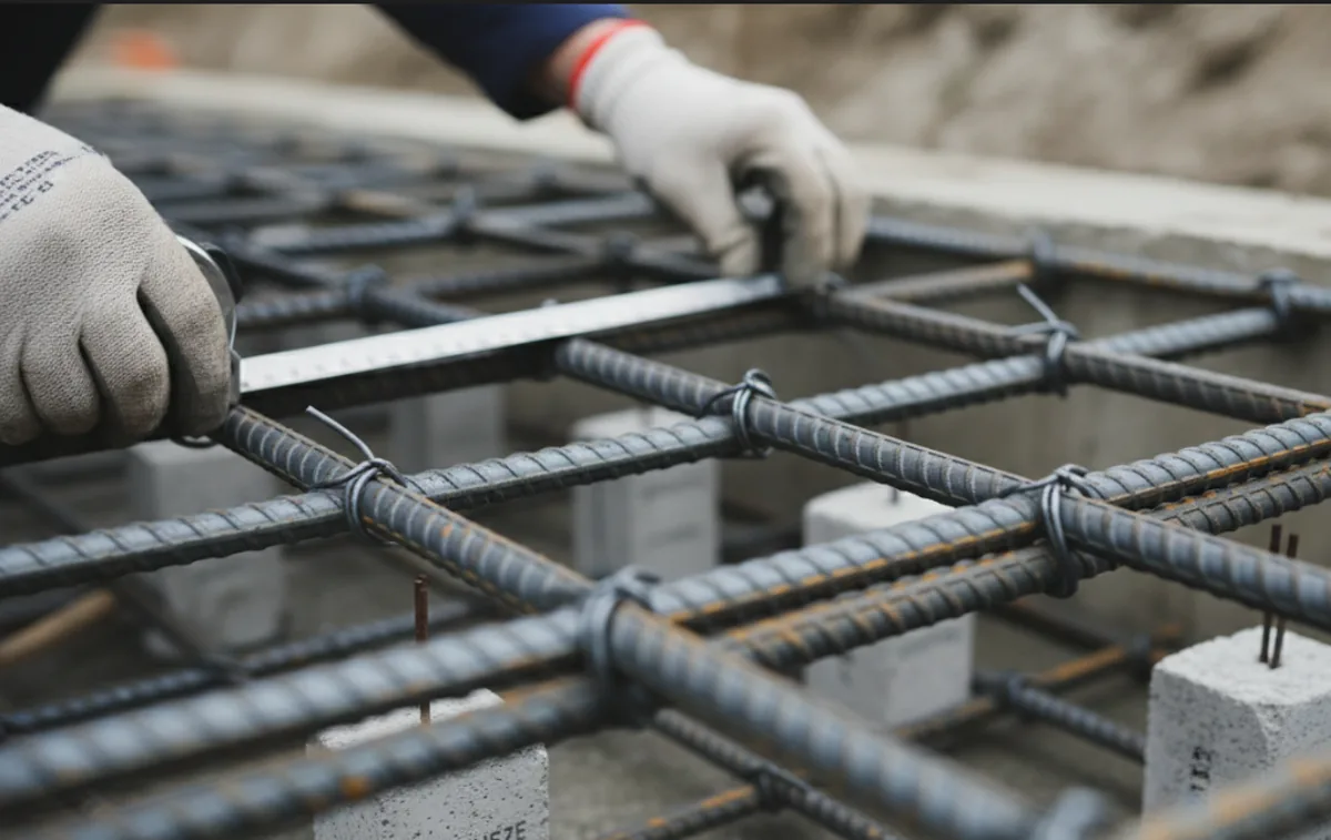 Kontrola zbrojenia fundamentów na budowie w Katowicach — inspektor mierzy rozstaw prętów stalowych