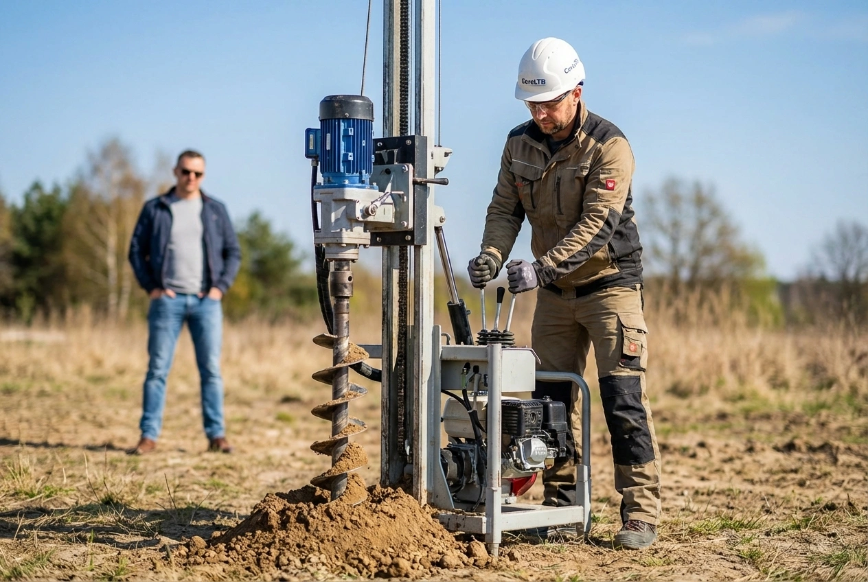 Geolog wykonujący odwiert mechaniczny sondą na działce
