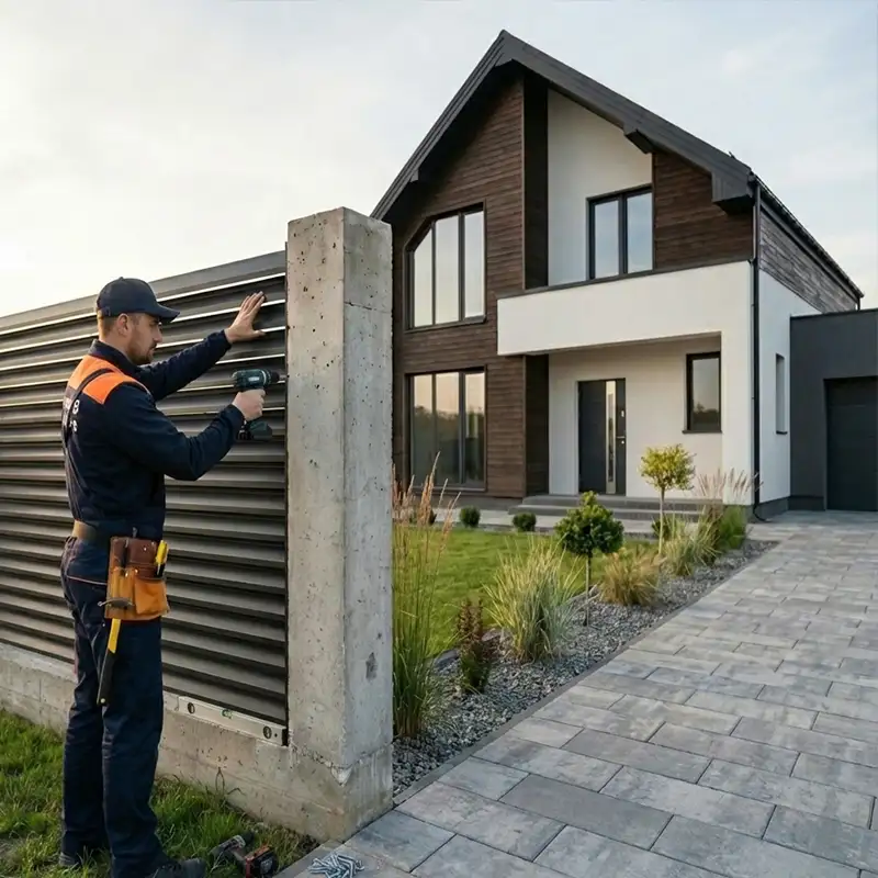 Montaż nowoczesnego ogrodzenia modułowego i bramy przesuwnej na podjeździe